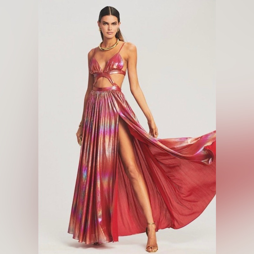 Retrofete New Jett Dress Rainbow Orange Ombre Red Metallic Cut Out Maxi M $675.0